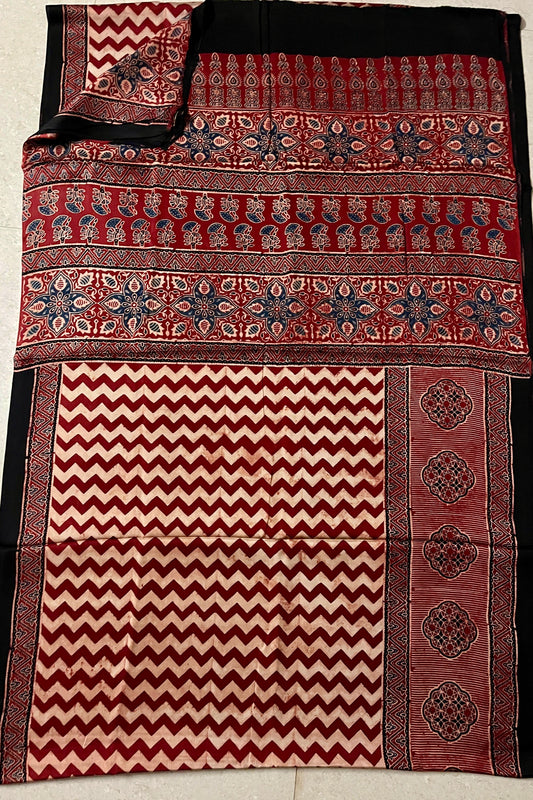 Red Zig Zag - Handblock printed ajrakh premium modal silk saree