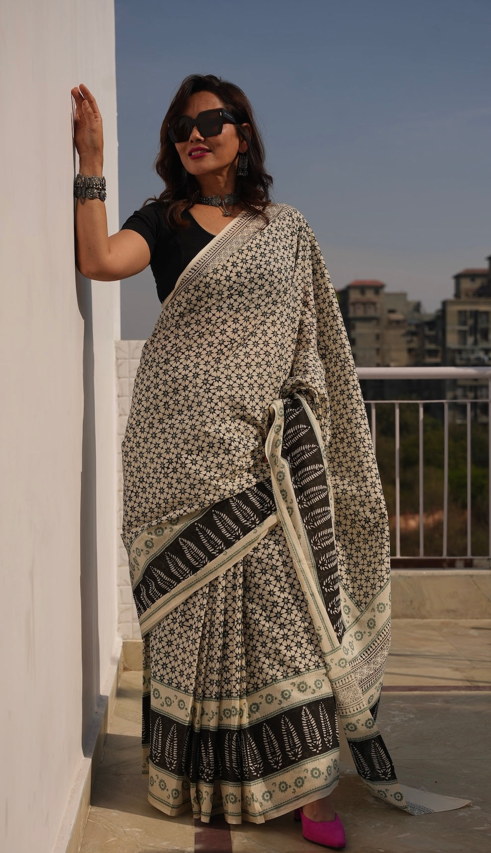 KARUNA - Off White Hand Block Printed Cotton Saree
