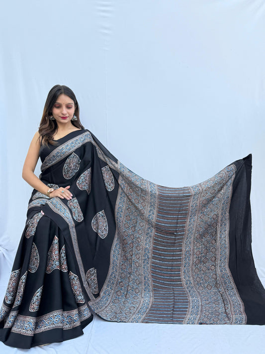 Black Paan- Handblock printed ajrakh premium modal silk saree