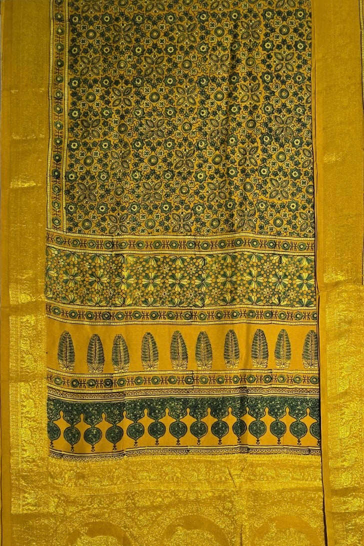 Yellow Traditional- Ajrakh Handblock Dola Silk Saree