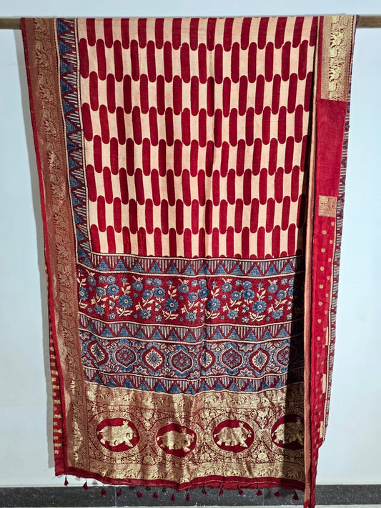 Red hinges - Ajrakh Handblock Dola Silk Saree