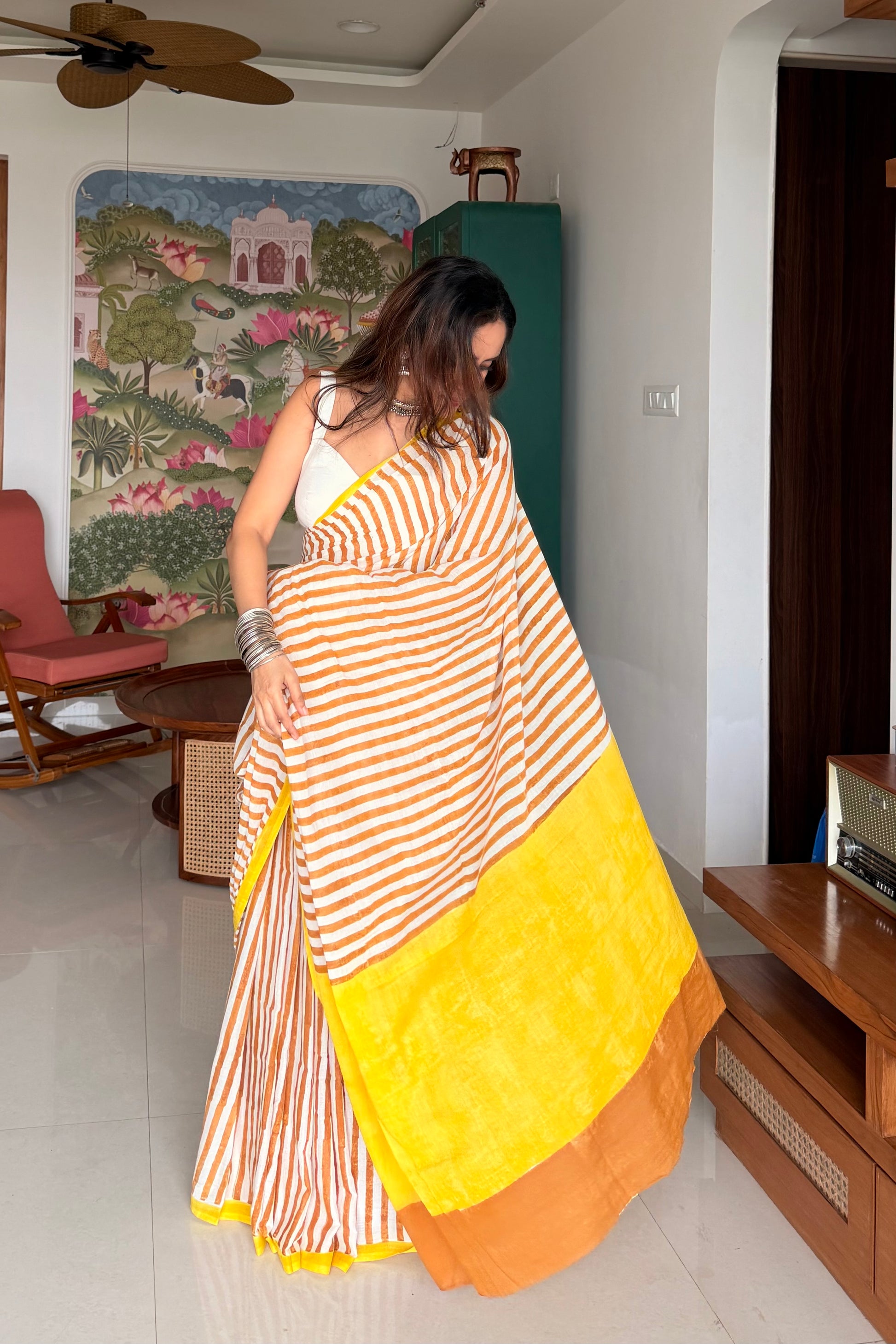 SARIKA_Heritage Hand Block Printed Pure Cotton Striped Saree - Image 3 - Vasaka Jaipur