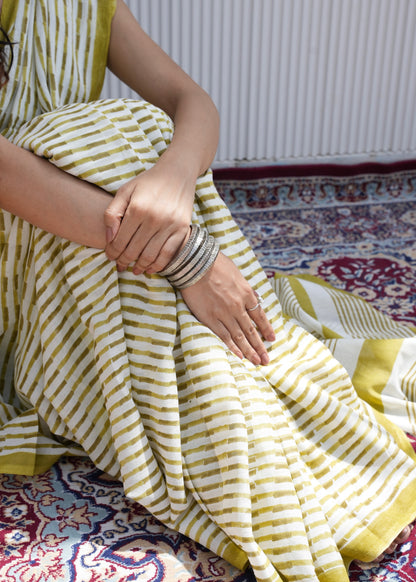 GAURI_Heritage Hand Block Printed Pure Cotton Striped Saree