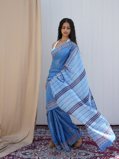 NAVELI_ Blue Hand Block Printed Cotton Saree - Discharge Print