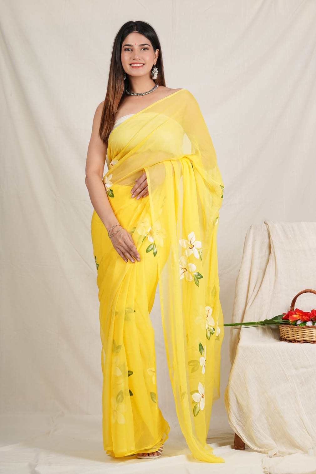 Light Yellow - Handpainted Chiffon Saree