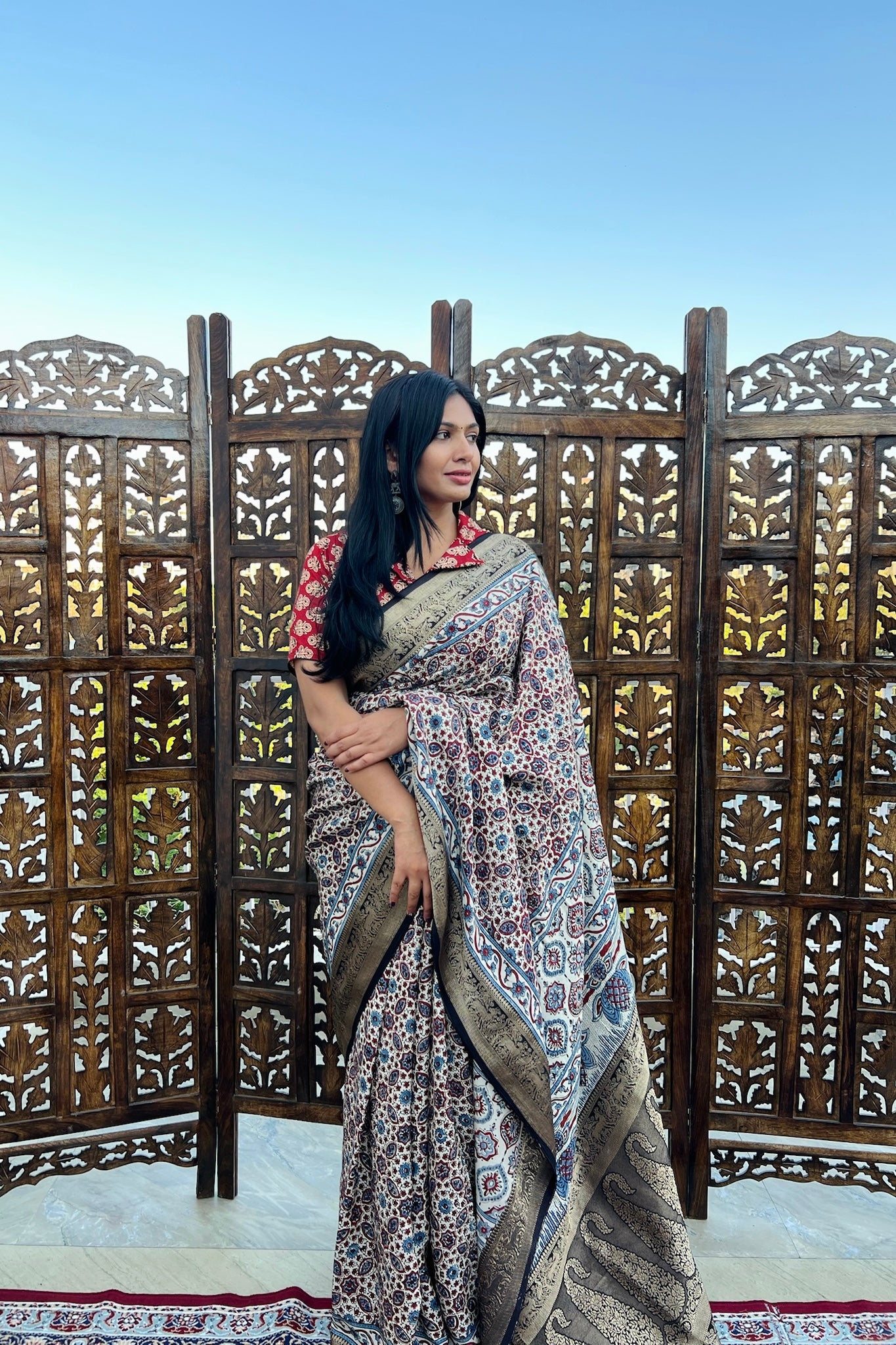 Off White - Designer Ajrakh Handblock Premium Dola Silk Saree