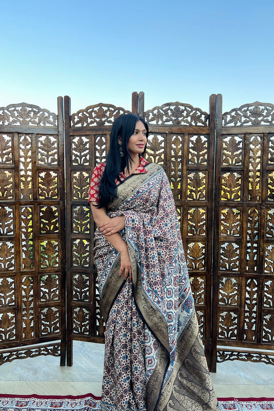 Off White - Designer Ajrakh Handblock Premium Dola Silk Saree