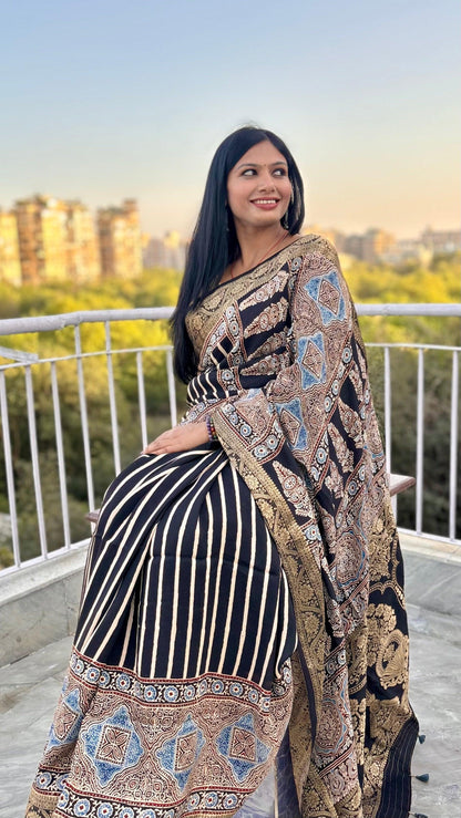 Black - Ajrakh Handblock Dola Silk Saree