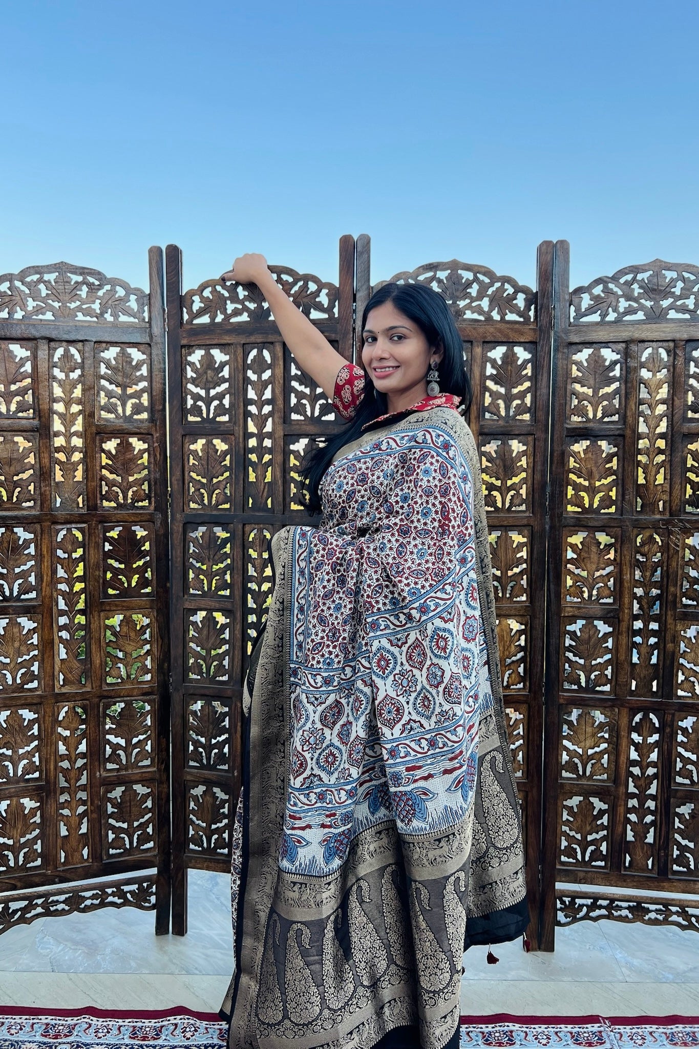 Off White - Designer Ajrakh Handblock Premium Dola Silk Saree