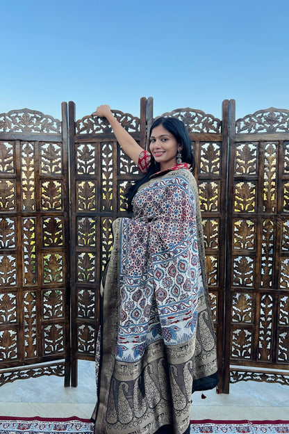 Off White - Designer Ajrakh Handblock Premium Dola Silk Saree