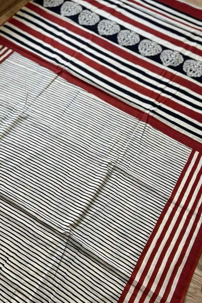 Beige - Striped Hand Block Print Cotton Saree