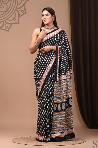 Black - Triangle Hand Block Print Cotton Saree