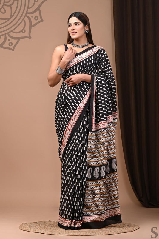 Black - Triangle Hand Block Print Cotton Saree