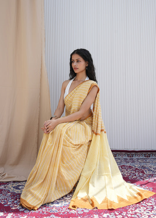 SAANVI_Heritage Hand Block Printed Pure Cotton Striped Saree
