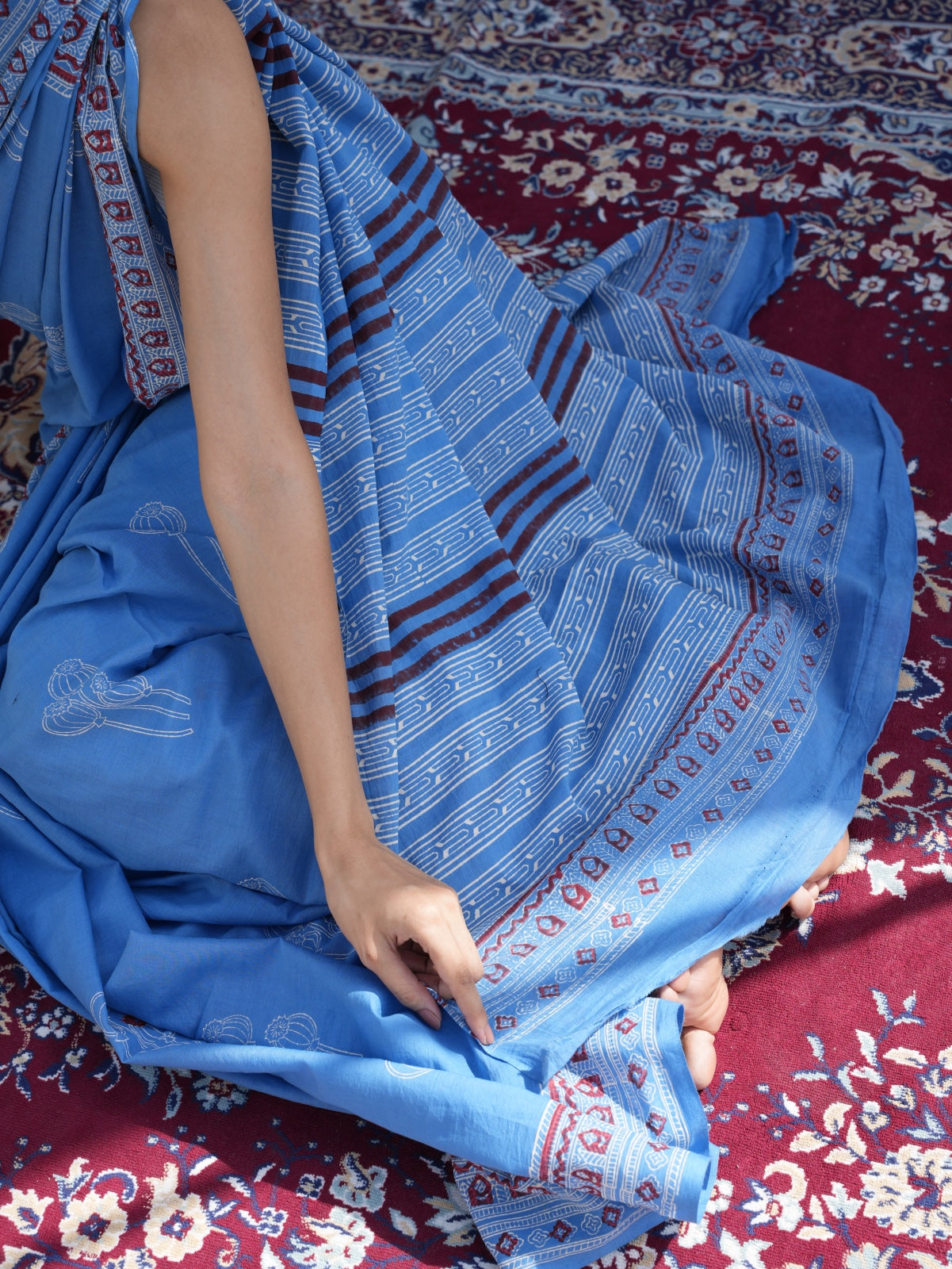 NAVELI_ Blue Hand Block Printed Cotton Saree - Discharge Print