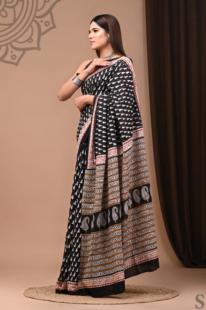 Black - Triangle Hand Block Print Cotton Saree
