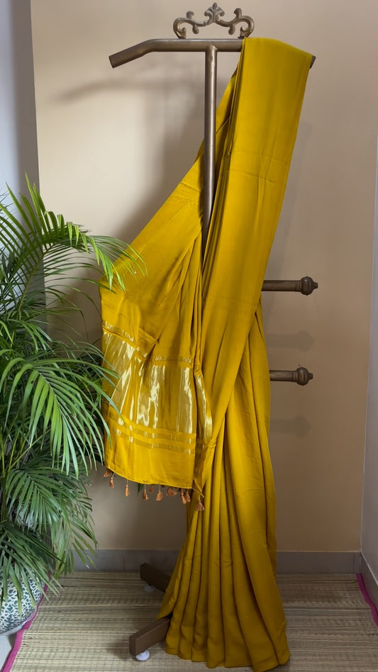 Yellow Colour Modal Plain Saree With Tissue Pallu