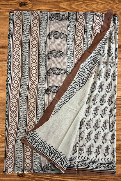 Beige Paisely Hand Block Printed Cotton Saree