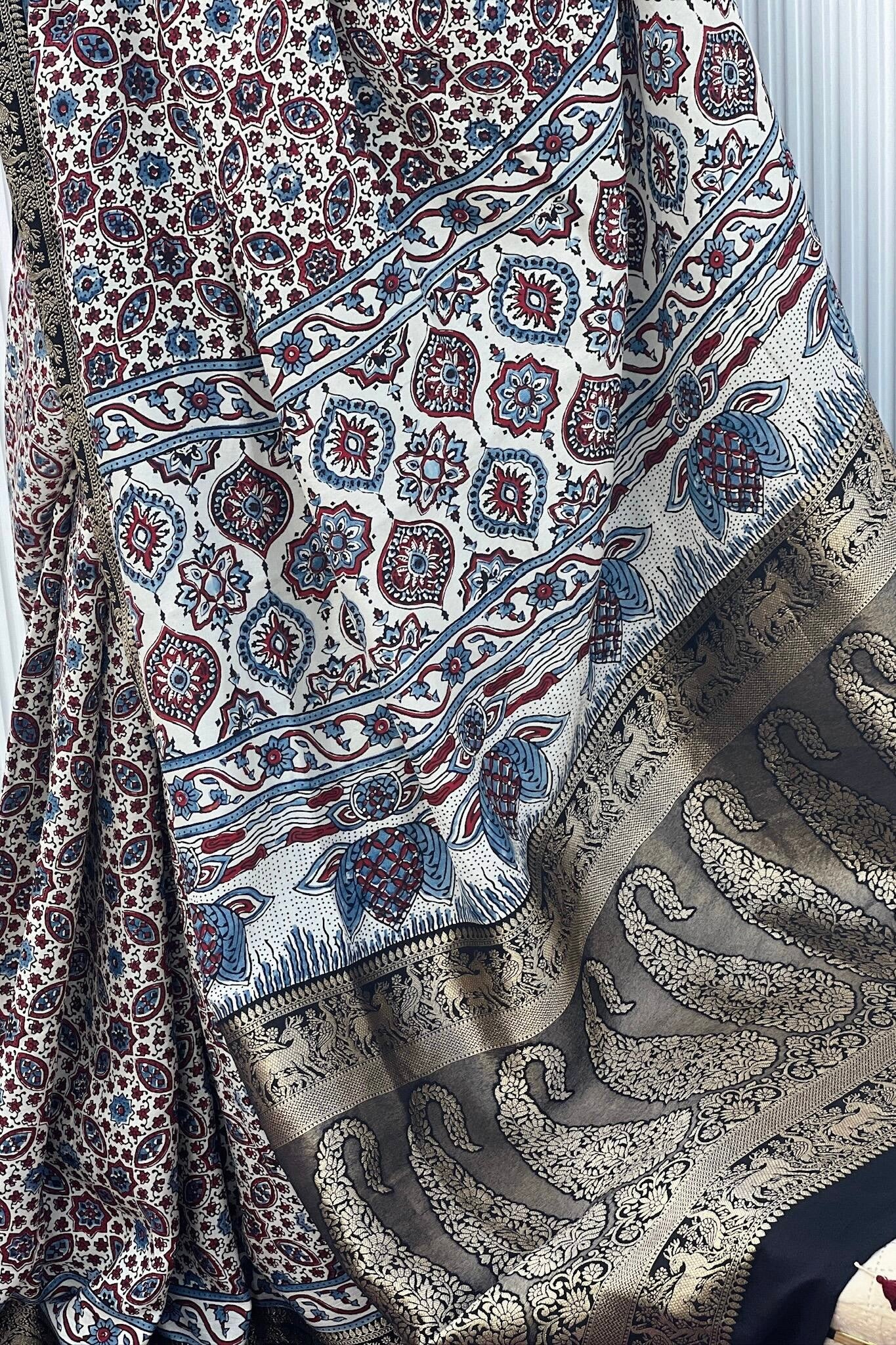 Off White - Designer Ajrakh Handblock Premium Dola Silk Saree