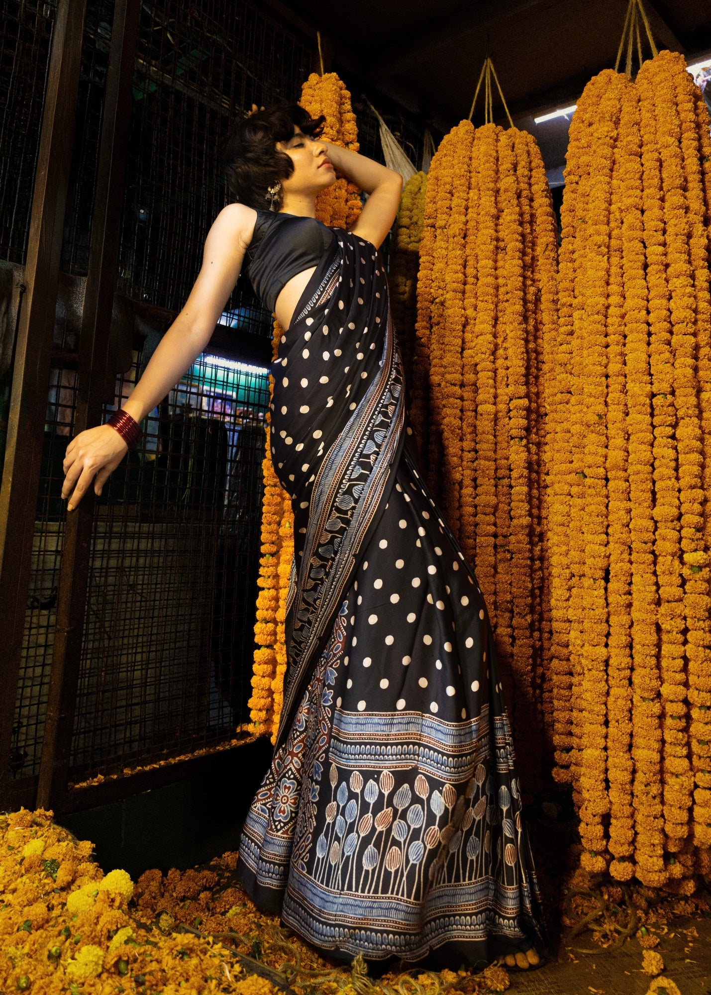 Black Dot - Handblock printed ajrakh premium modal silk saree