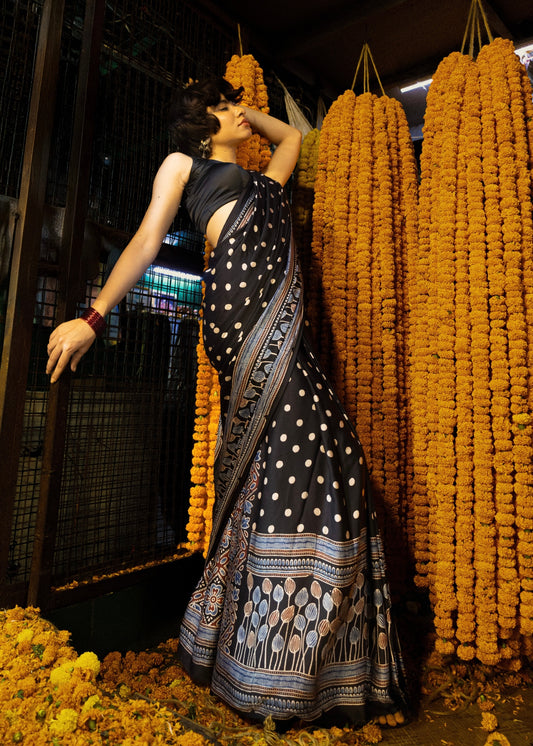 Black Dot - Handblock printed ajrakh premium modal silk saree