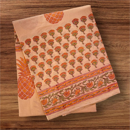 Peach Pineapple Hand Block Printed Cotton Saree