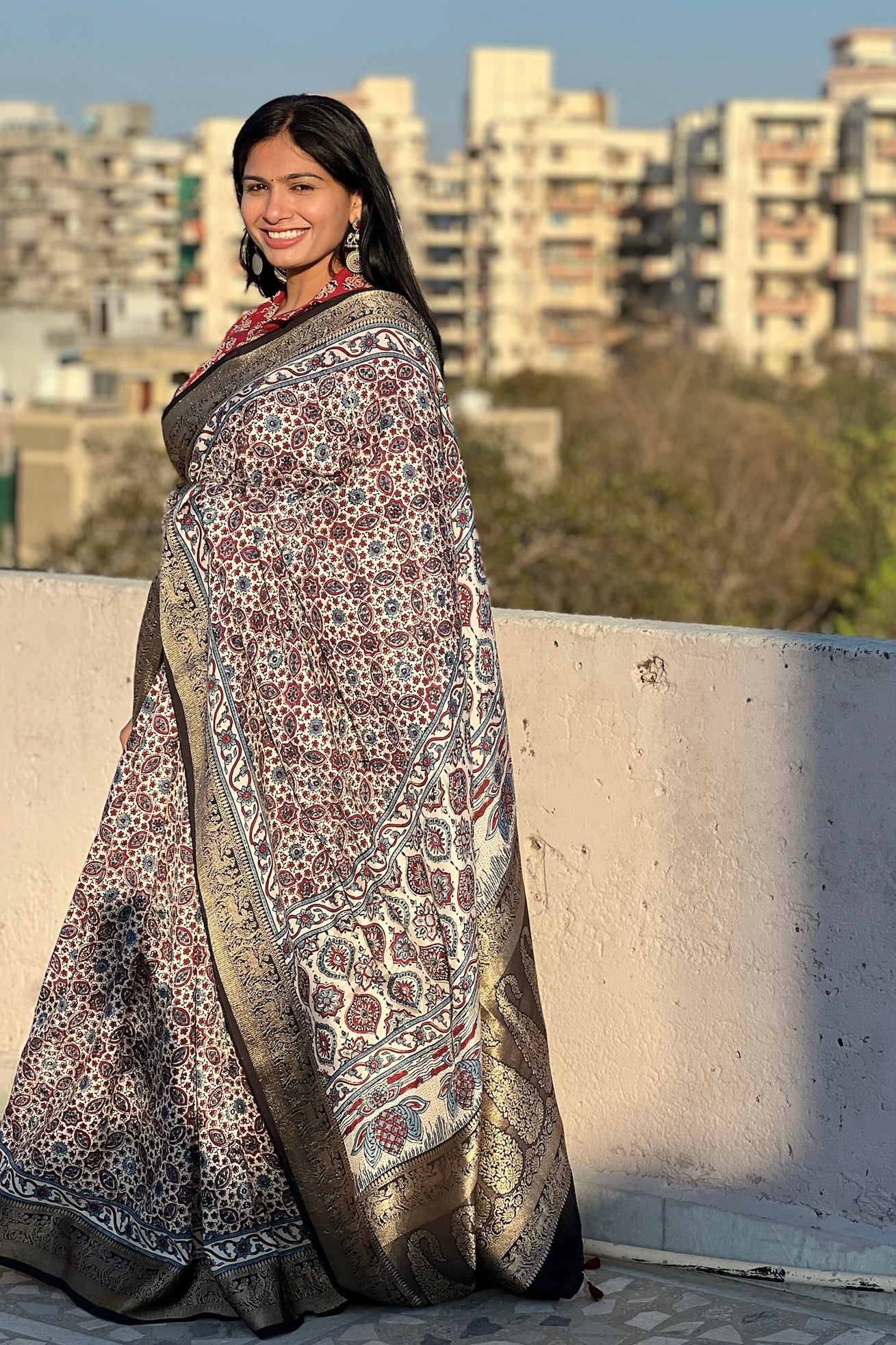 Off White - Designer Ajrakh Handblock Premium Dola Silk Saree