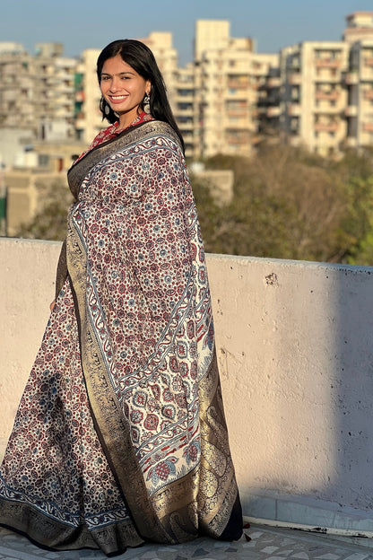 Off White - Designer Ajrakh Handblock Premium Dola Silk Saree