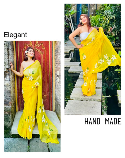 Light Yellow - Handpainted Chiffon Saree