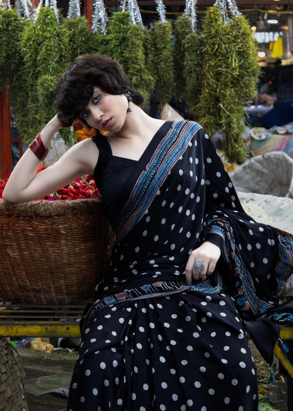 Black Dot - Handblock printed ajrakh premium modal silk saree