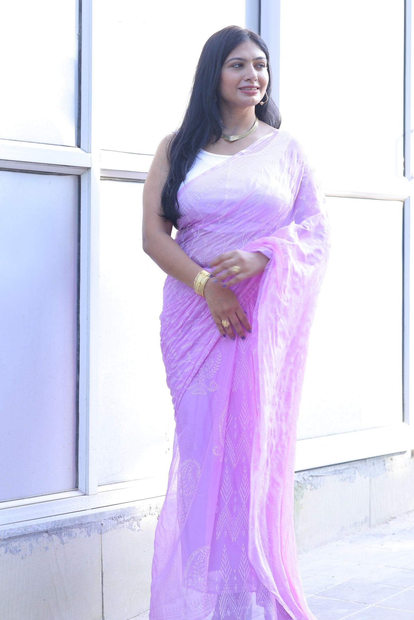 Dimple - Lavender Hand Block Printed Chiffon Saree
