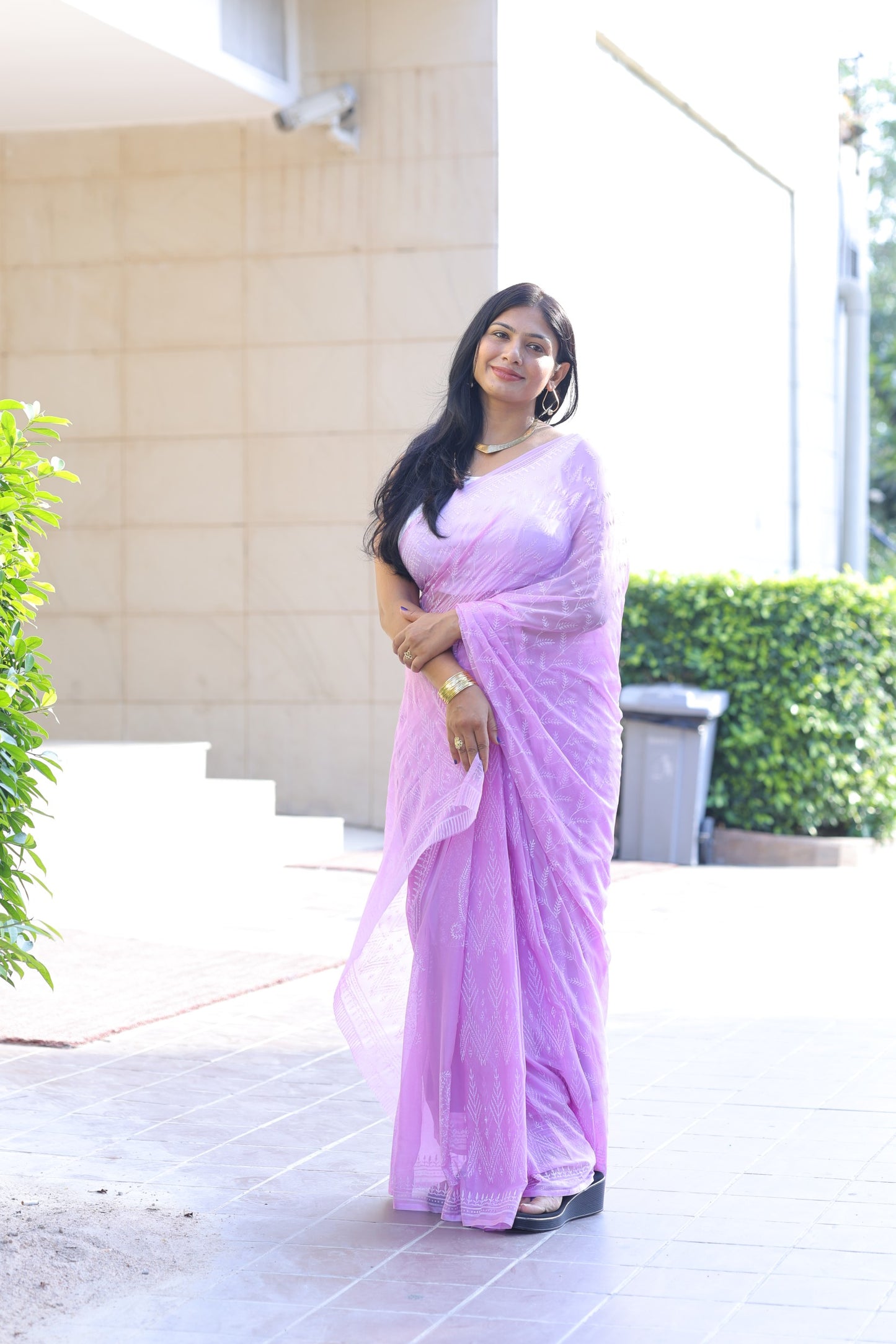 Dimple - Lavender Hand Block Printed Chiffon Saree