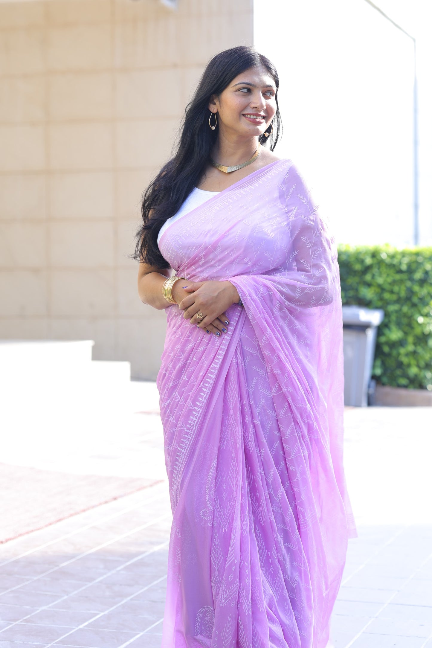 Dimple - Lavender Hand Block Printed Chiffon Saree