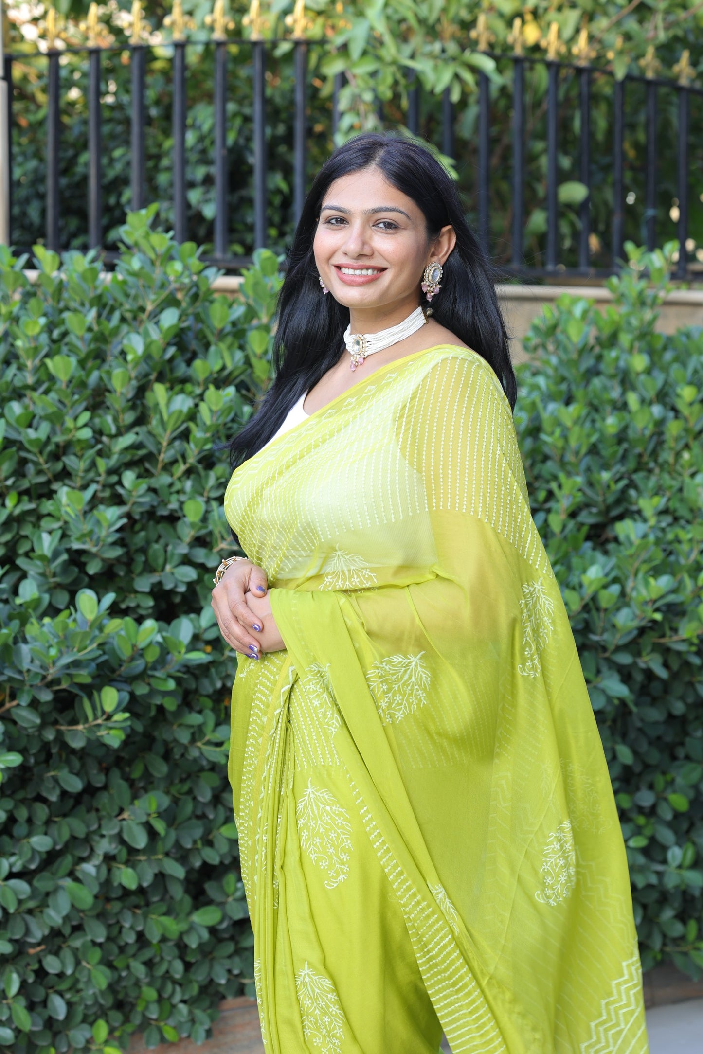 Geetanjali - Green Hand Block Printed Chiffon Saree