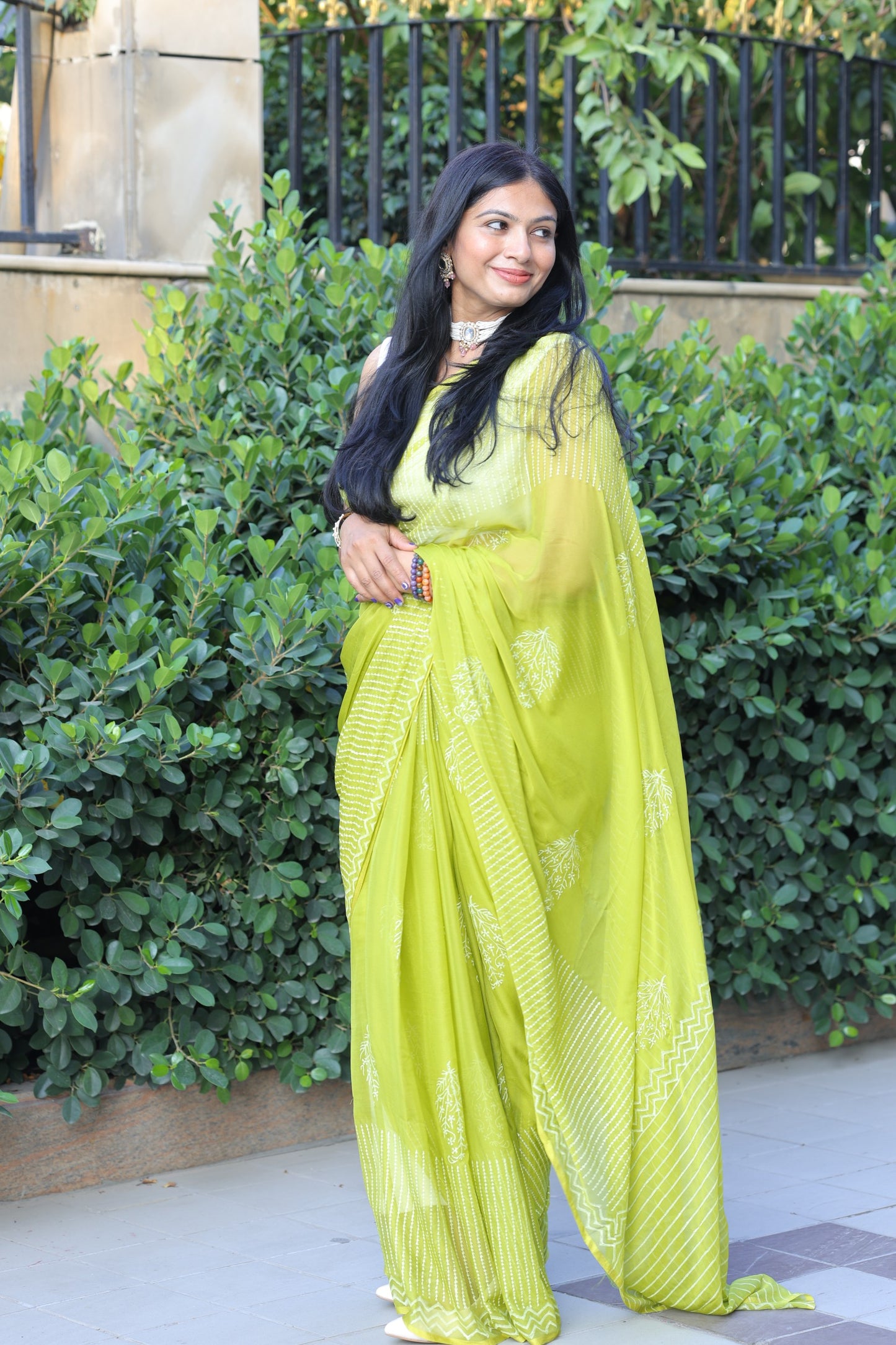 Geetanjali - Green Hand Block Printed Chiffon Saree