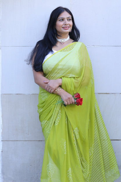 Geetanjali - Green Hand Block Printed Chiffon Saree
