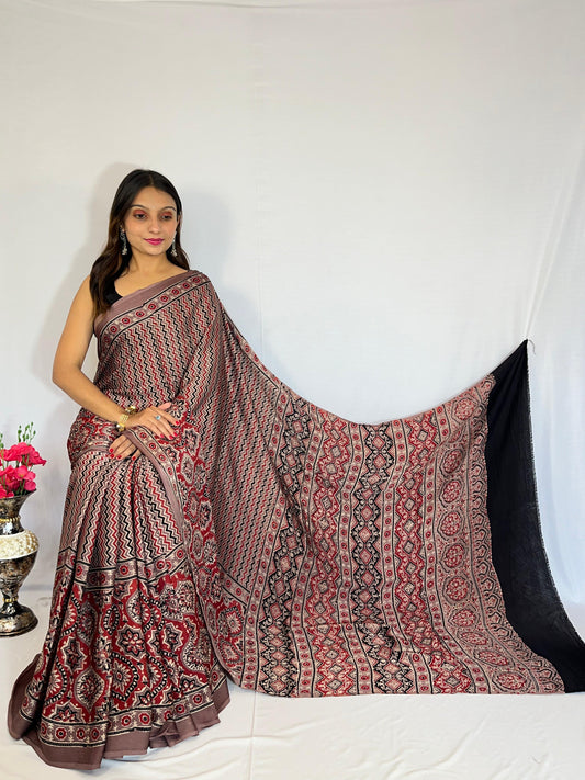Rose Gold - Handblock printed ajrakh premium modal silk saree