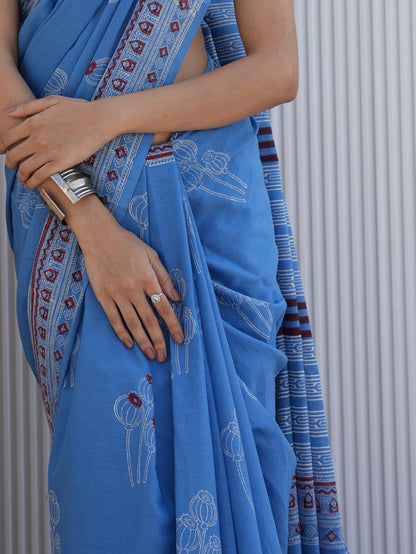 NAVELI_ Blue Hand Block Printed Cotton Saree - Discharge Print
