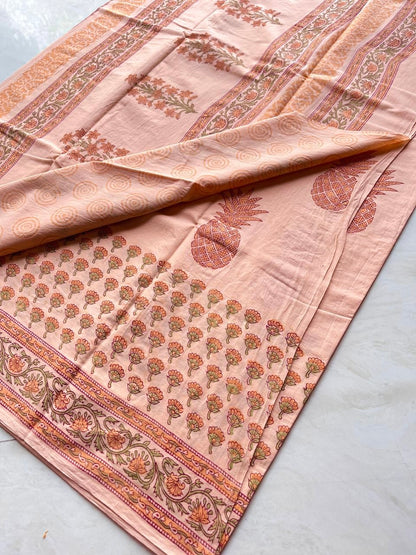 Peach Pineapple Hand Block Printed Cotton Saree