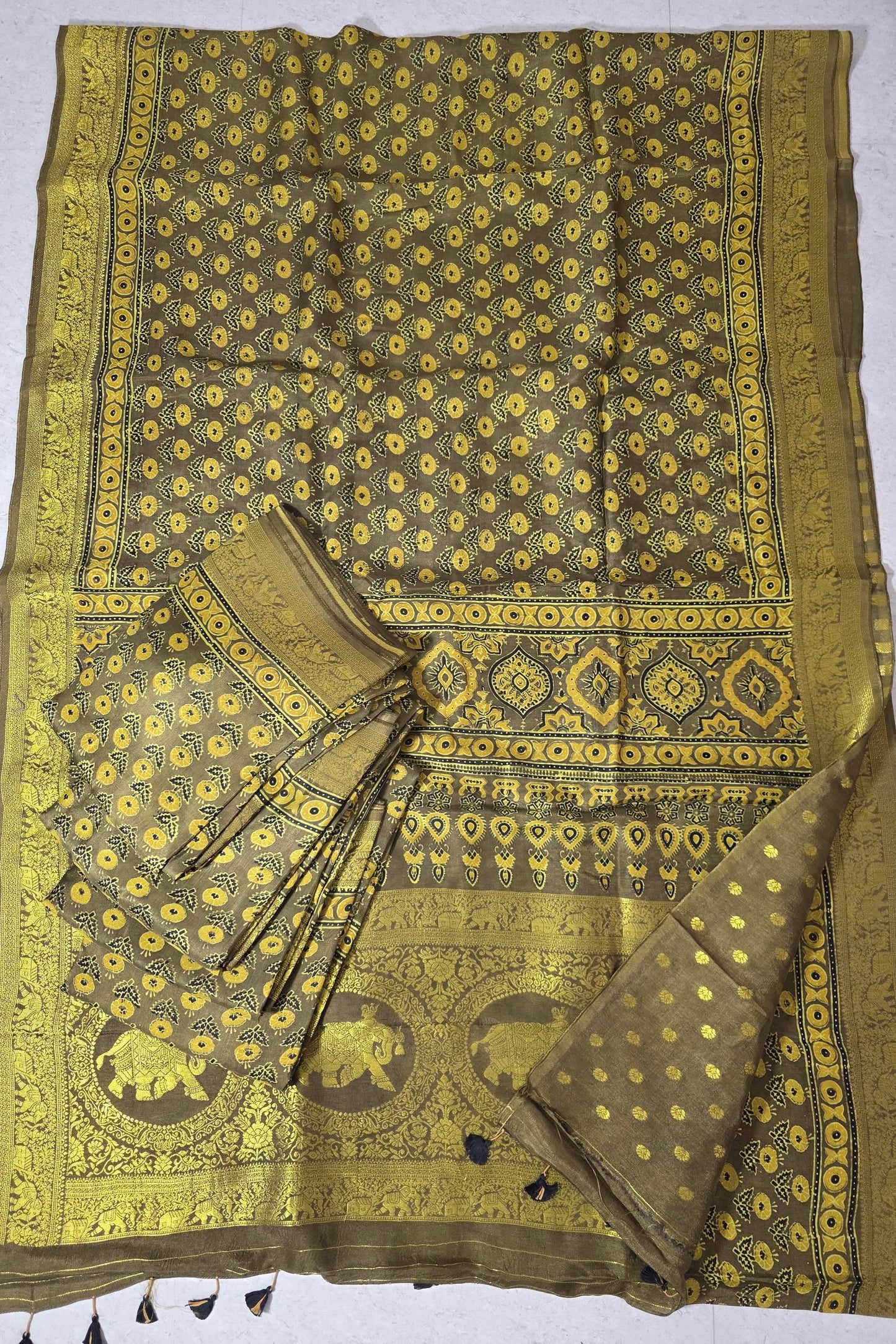 Olive - Ajrakh Handblock Dola Silk Saree