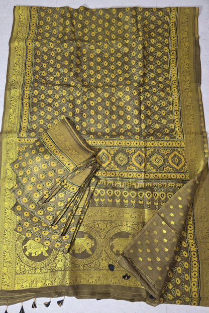 Olive - Ajrakh Handblock Dola Silk Saree