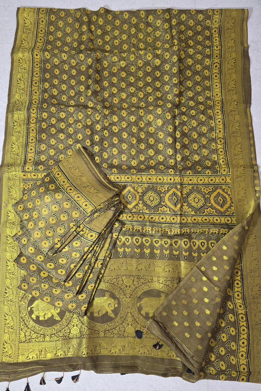 Olive - Ajrakh Handblock Dola Silk Saree