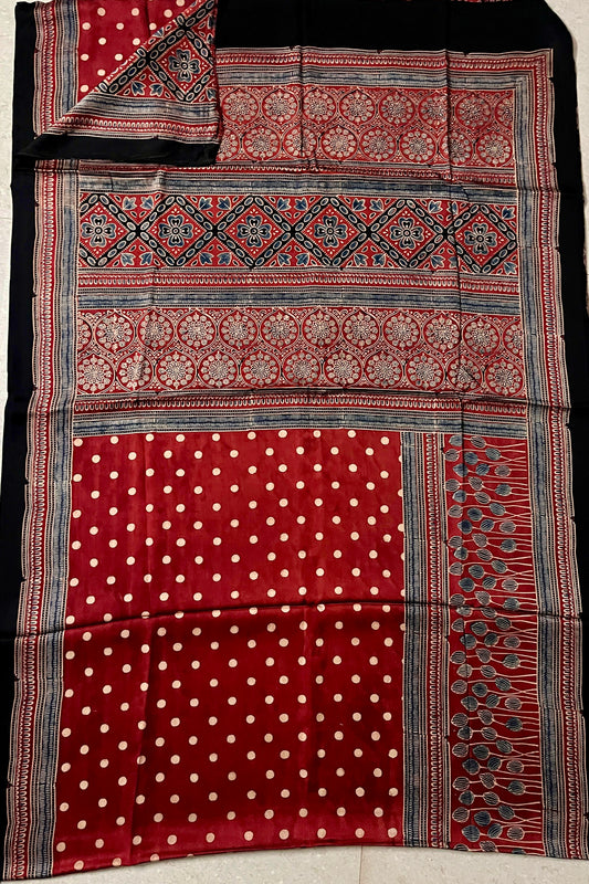Red Dot - Handblock printed ajrakh premium modal silk saree