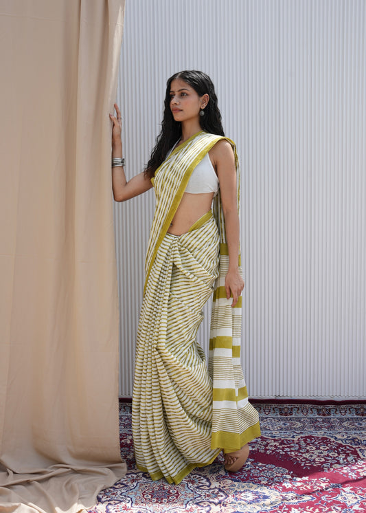 GAURI_Heritage Hand Block Printed Pure Cotton Striped Saree