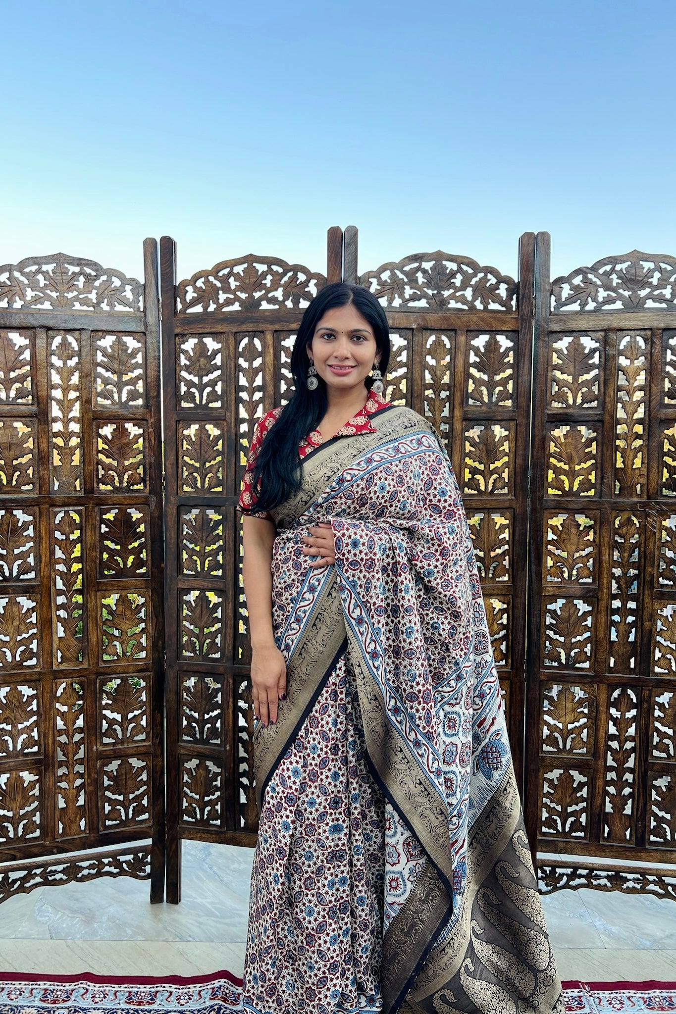 Off White - Designer Ajrakh Handblock Premium Dola Silk Saree