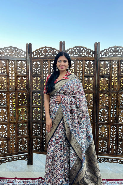 Off White - Designer Ajrakh Handblock Premium Dola Silk Saree