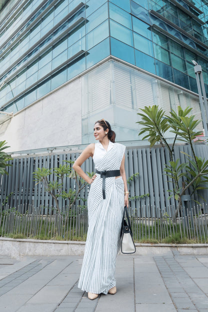 AARTI White Gray Striped Hand Block Cotton Saree - Classic Pattern