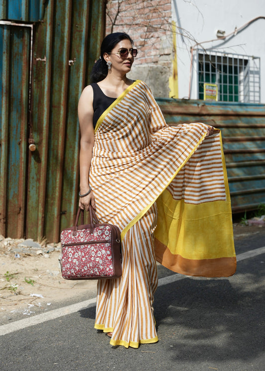 SARIKA_Heritage Hand Block Printed Pure Cotton Striped Saree
