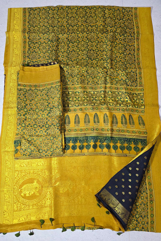 Yellow Traditional- Ajrakh Handblock Dola Silk Saree
