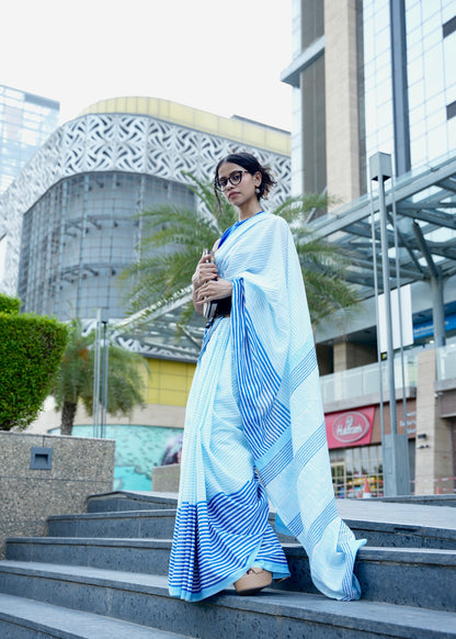 NAVYA_Heritage Hand Block Printed Pure Cotton Striped Saree